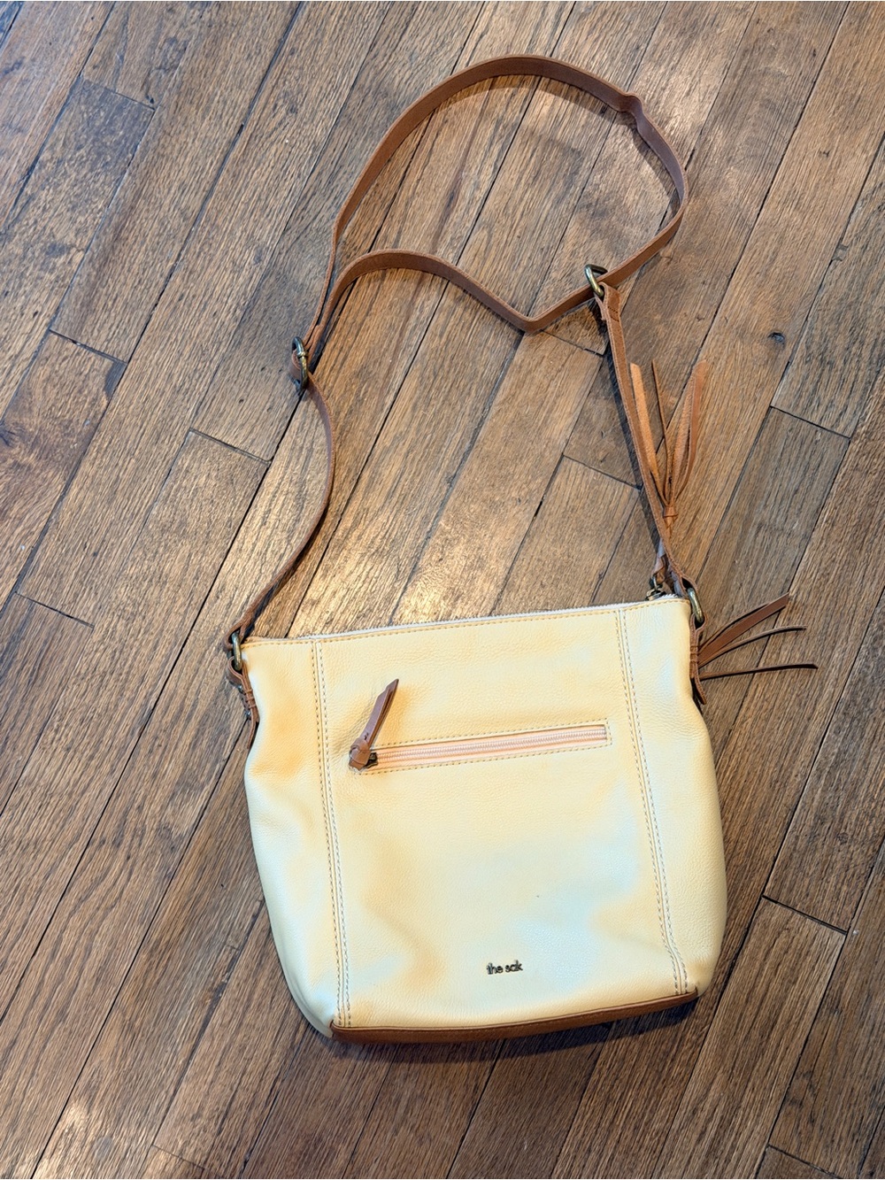 The Sak Light Yellow Leather Crossbody with Tan Strap